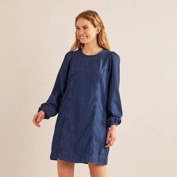 NEW Boden Denim‎ Blouson Shift Dress US 12R Tencell Chambray Spring - Picture 1 of 16